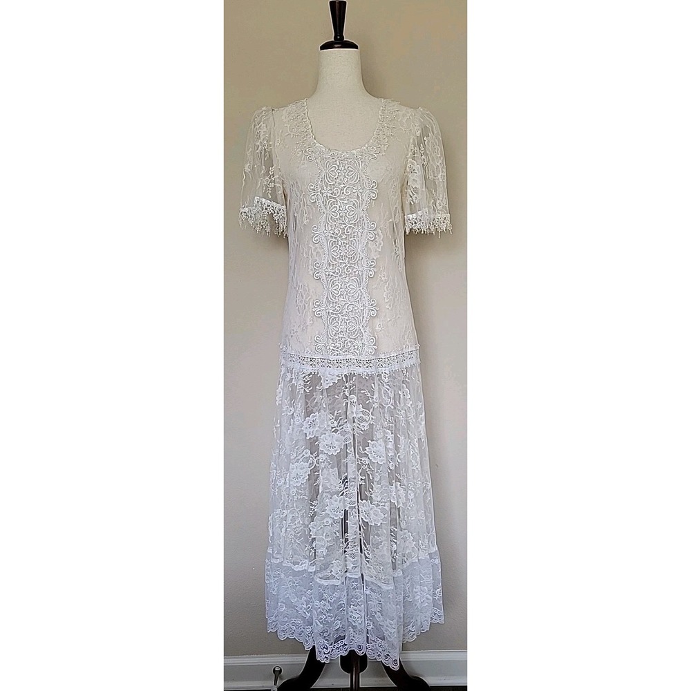 Jessica Mcclintock Lace Midi Dress Womens Sz M L 90s Romantic Fairy Floral Sheer